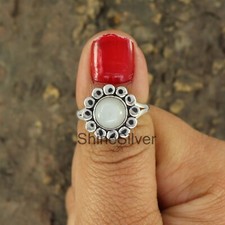 Rainbow Moonstone Ring 925 Sterling Silver Round Statement Women Ring