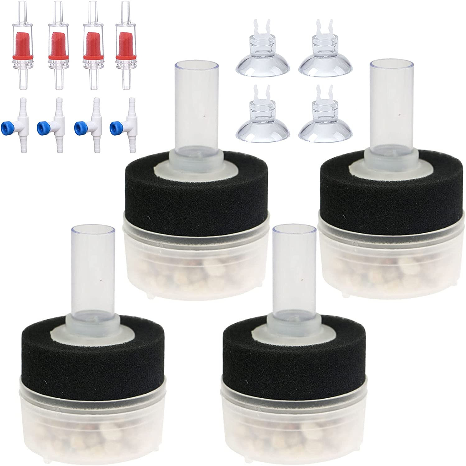 4Pcs Small Aquarium Bio Sponge Filter with Suction Cups, Check Valves for 5 Gal,