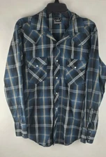 Roper Mens Blue Plaid Long Sleeve Pearl Snap Shirt Size Medium