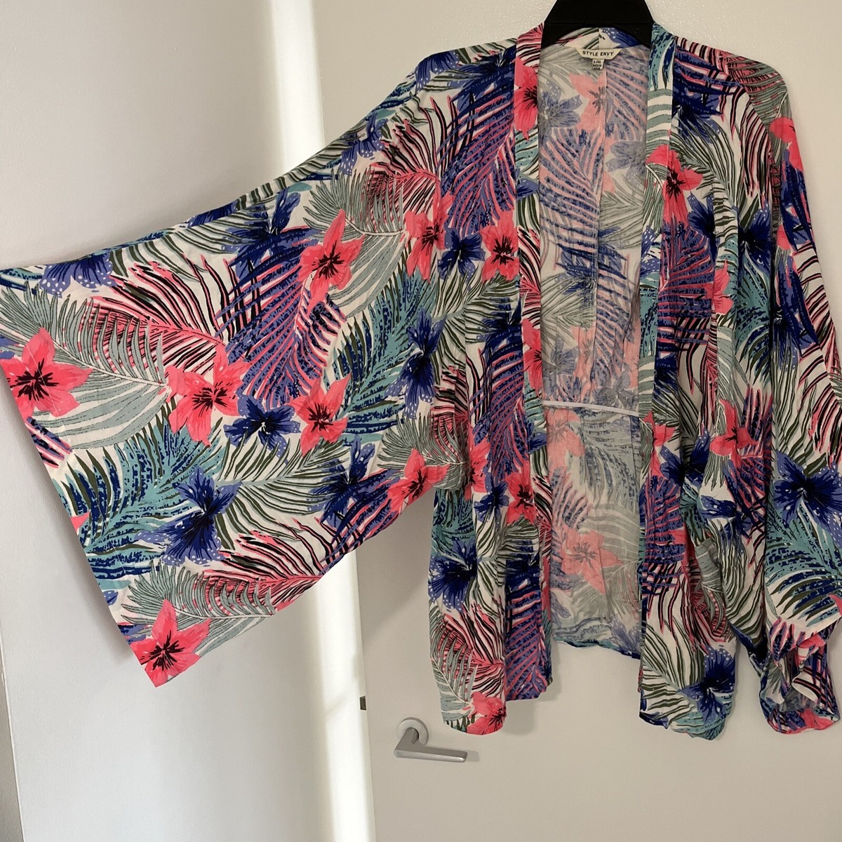 Blue White Pink Tropical Print Kimono Top Cardigan Bathing Suit