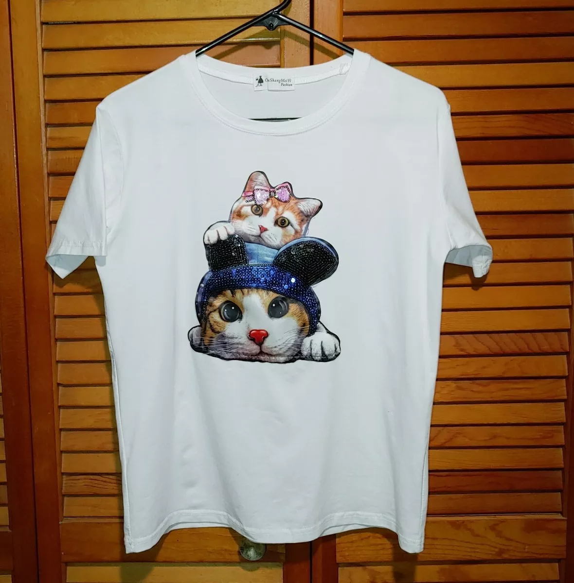 Ou Shang Mei Yi Women s Adorable Sequin Bow Ears Two Kitty Cat T Shirt