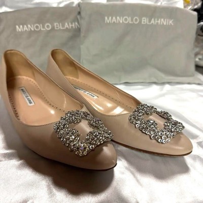 Manolo Blahnik HANGISI Pink Beige Leather Jewel Buckle Pumps [US