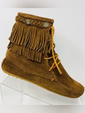 Minnetonka Women 8 Cognac Tan Double Fringe Tramper Moccasin Boots Southwestern
