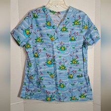 White Cross Blue Frog Print Scrub Top Read