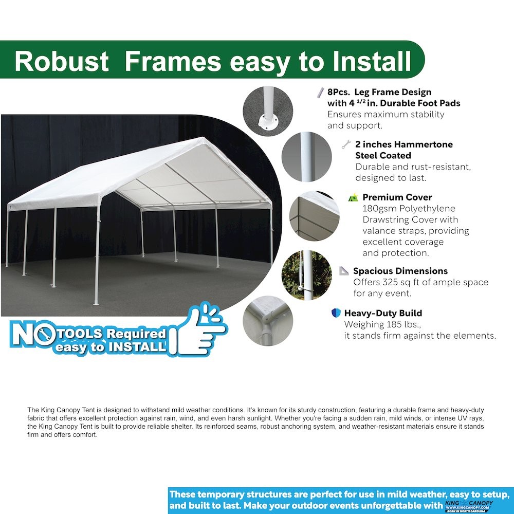 18-Feet by 20-Feet, 2-Inch Hammertone Steel Frame, 8-Leg, Carport, White