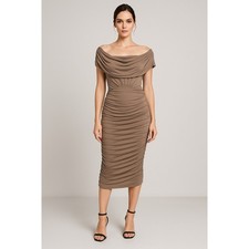 Bebe Women Ruched Off Shoulder Drape Midi Dress Size S Taupe