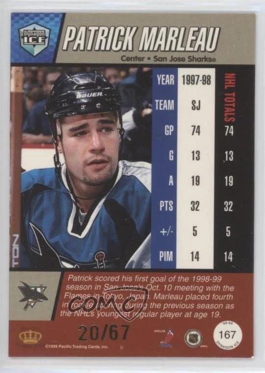 1998-99 Pacific Dynagon Ice Blue /67 Patrick Marleau #167 - Image 2 of 2