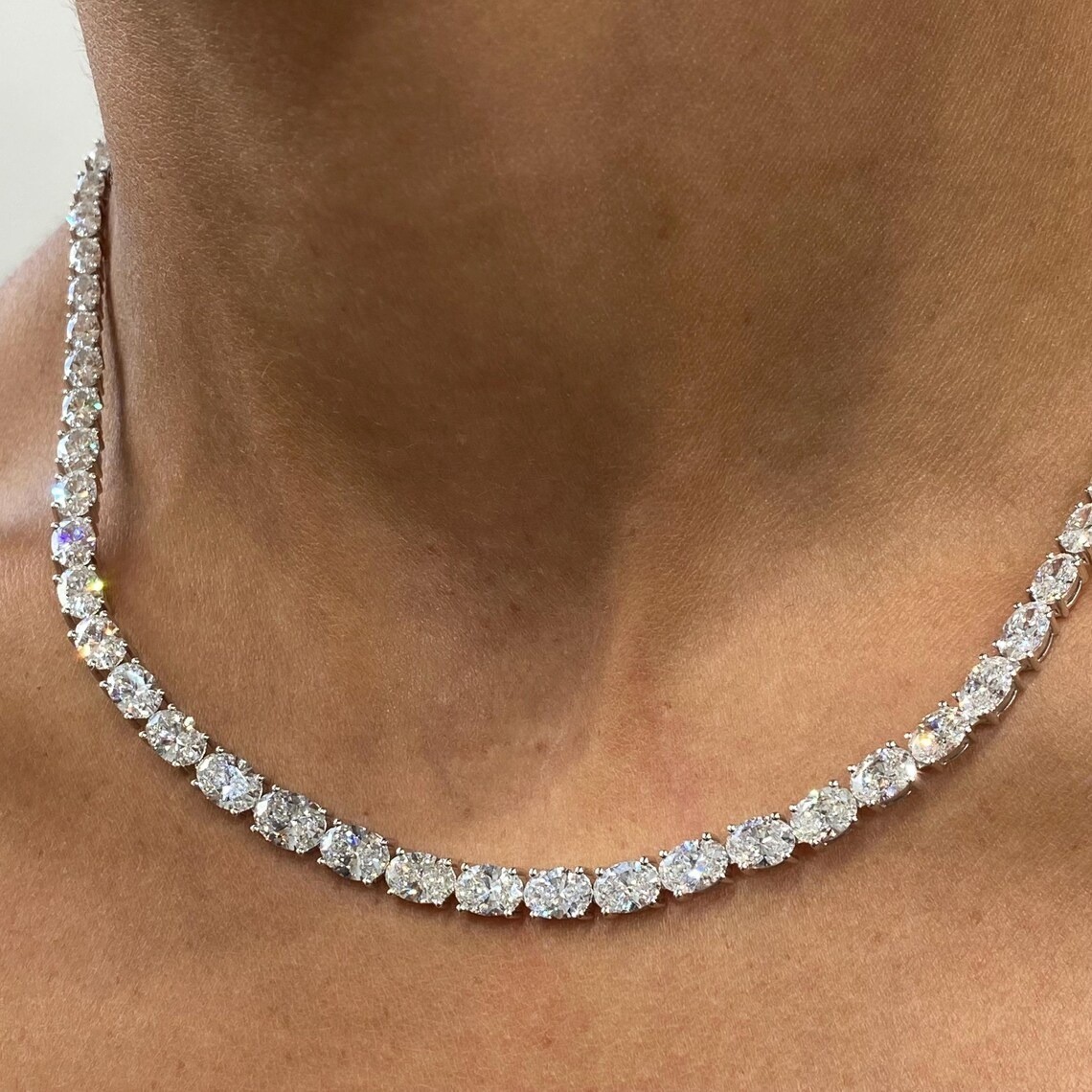 14K White Gold 24Ct Oval Lab Diamond Tennis Necklace 18 Inch for Women