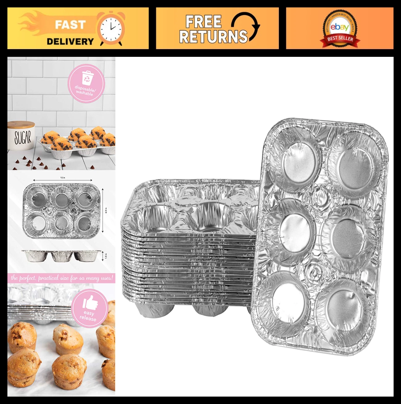 Reusable Aluminum Foil Muffin Pans - 6 Cupcake & Pie Holders, 20 Pack