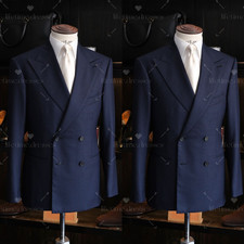 Business Mens' Suits Peak Lapel Navy Blue Formal 2Pcs Offical Jacket Blazer