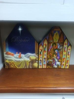 Pair Of Christmas Nativity Scene Cardboard Nesting Boxes 14'' & 13''