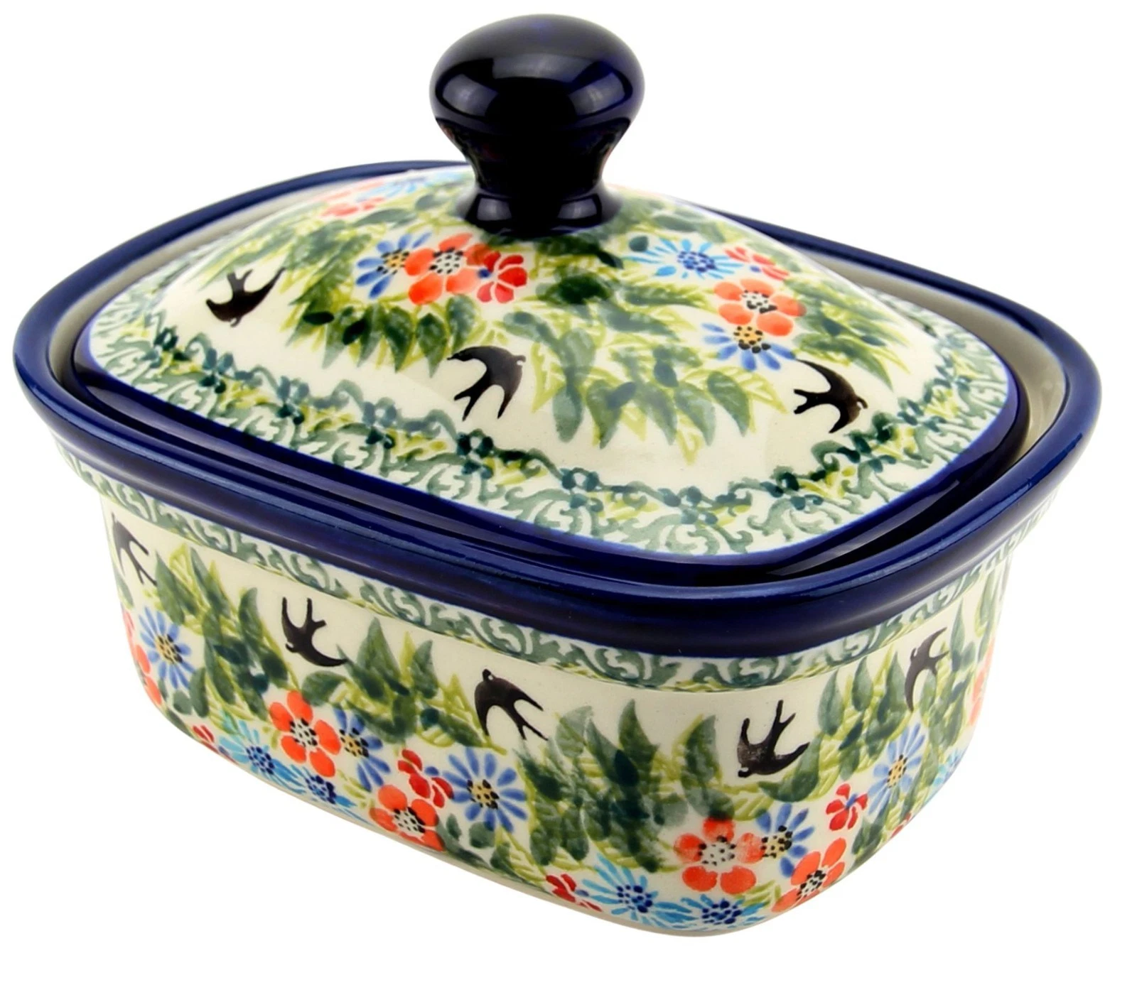 Polish Pottery Butter Dish / Container with Lid, 5.75" L x 4" W x 4" H, 14 Oz.
Opens in a new window