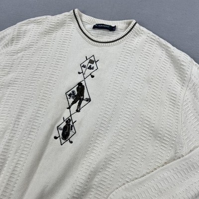 Vintage Carmel Sweater Mens Large White Golf Graphic Cable Knit Pullover USA 90s