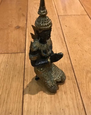 Vintage Thai Bronze kniend betend 7'' Statuen - verzierter Goldrand (schwarz D 15)