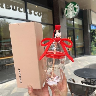 Starbucks Cup Valentine's Day Bow Glass Straw Cup Cat Bow Office Water Cup 400ml