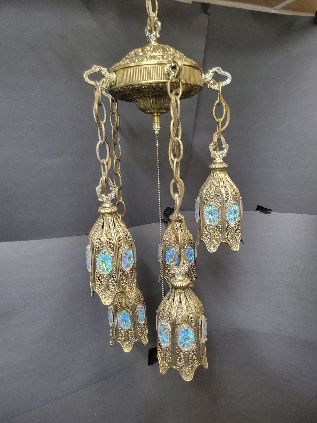 Vintage Loevsky & Loevsky Brass Tulip Swag Lamp 5 Light Tiered Hollywood Regency