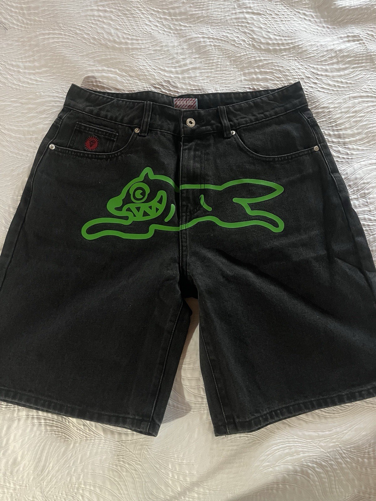 Icecream by Billionaire Boys Club Black Denim Shorts Green Embroidered Logo Bik…