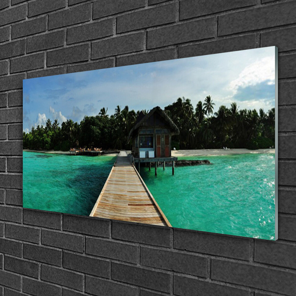 Mer pont arbres tableau impression sur verre Tulup panorama 100x50cm