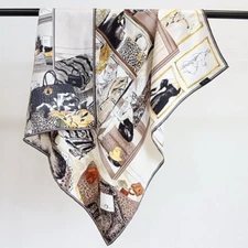 Closet Print 18 Momme Twill Silk Wrap Scarf Double Face Shawl 35" Gray/Beige