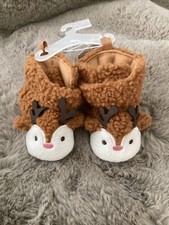 Cat Jack Reindeer Slippers Sz 6/9M Brown Faux Fur Crib Shoes Christmas Baby