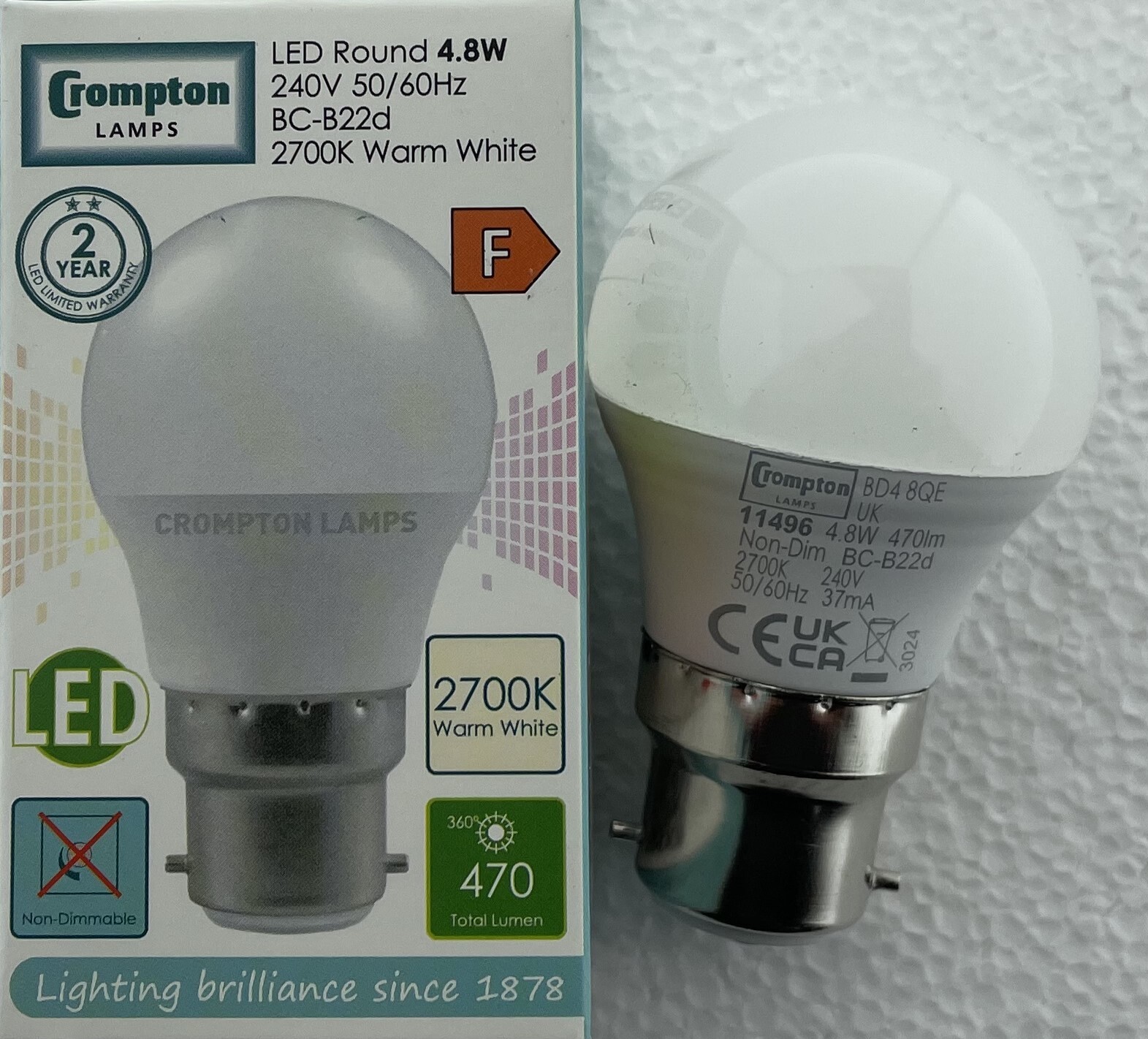 5 X CROMPTON LED Round Thermal Plastic 4.8W Warm White 2700K BC 470lm 11496