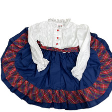 Vtg Winnie The Pooh Dress Size 3T Long Sleeve Lace Trim Blue Plaid Trim