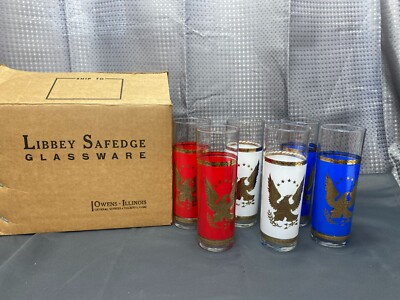 NIB ~ Libbey Safedge ''PATRIOTIC / GOLD EAGLE''  Tom Collins Glass Tumblers ~ 7''