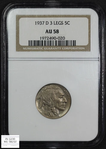 1937 D Three Legged Buffalo Nickel 5C 3 Legs NGC AU 58