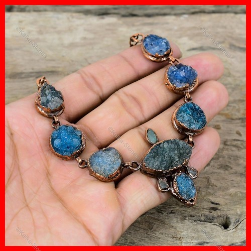 Blue Druzy Gemstone Aquamarine Rough Wedding Chain Electroformed Necklace Copper - Picture 6 of 6
