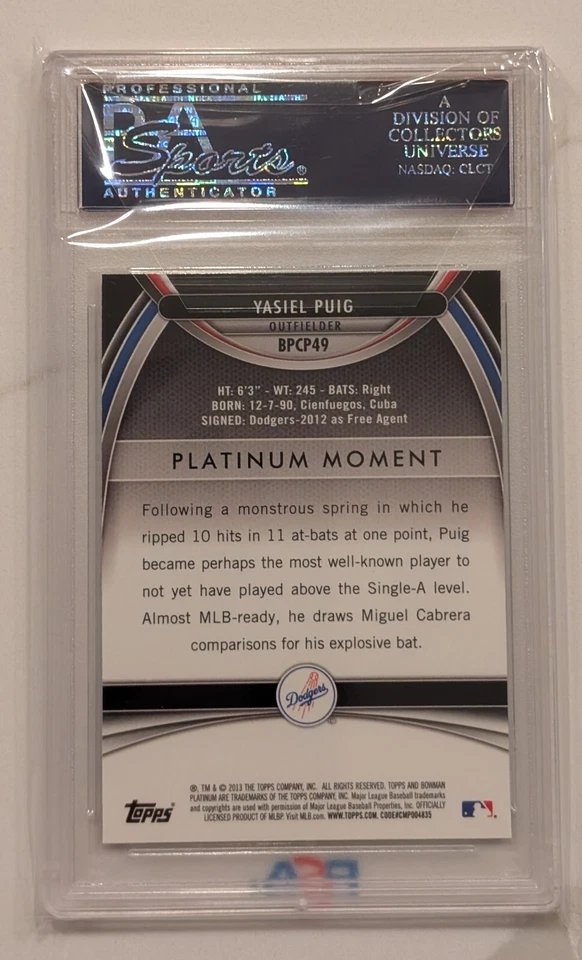 2013 Topps Bowman Platinum Chrome Prospect Purple Refractor Yasiel Puig #BPCP-49 - Image 2 of 2