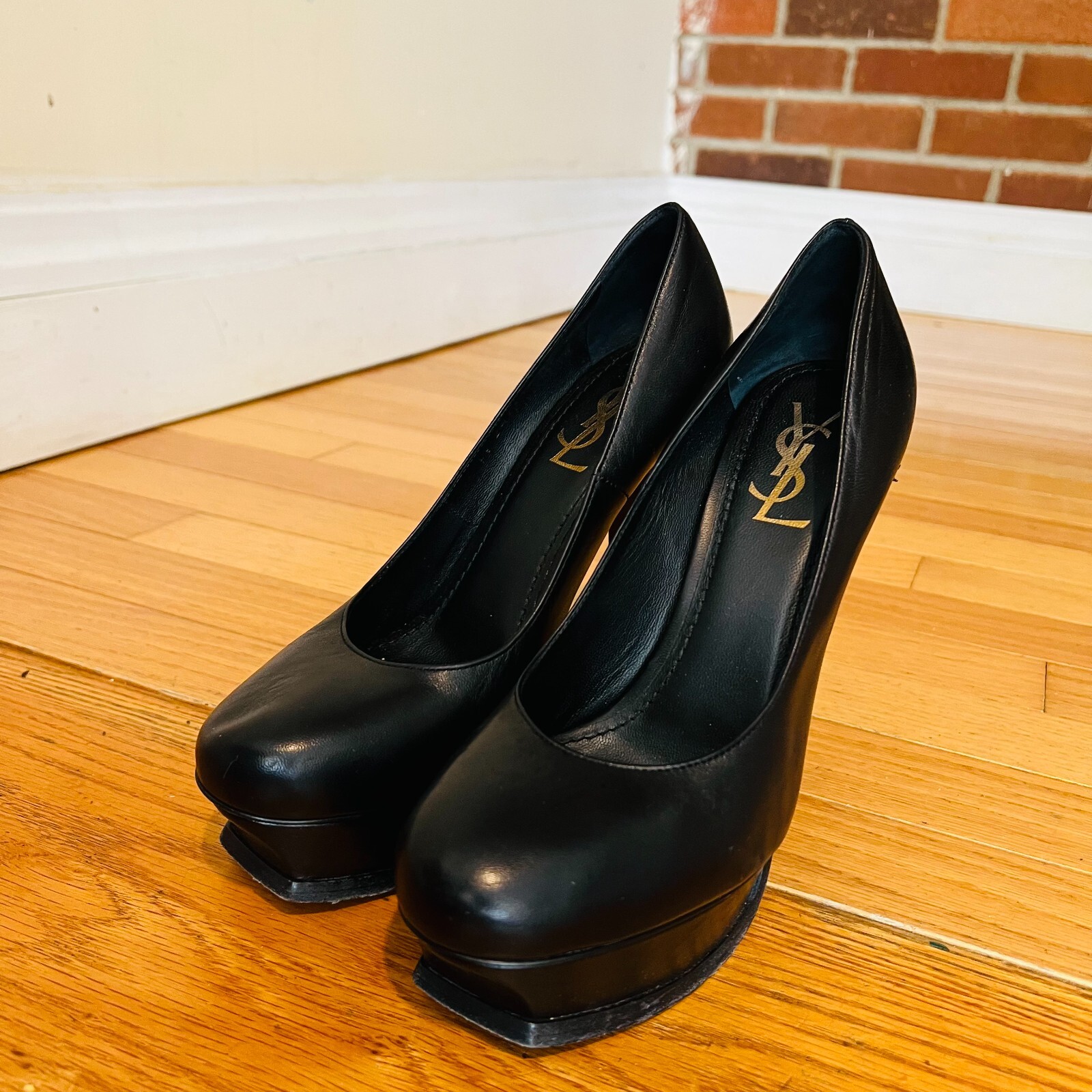 Saint Laurent YSL decolte plateau tacco a spillo nero Janis pelle di vitello 38 5