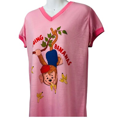 Vintage Sleep Shirt Large Going Bananas Monkey Swing Pink Nightgown V Neck
