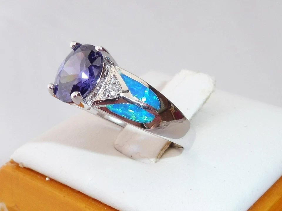 Anello donna argento 925 con zaffiro bianco tanzanite e anello opale da 1 carati - Immagine 2 di 4