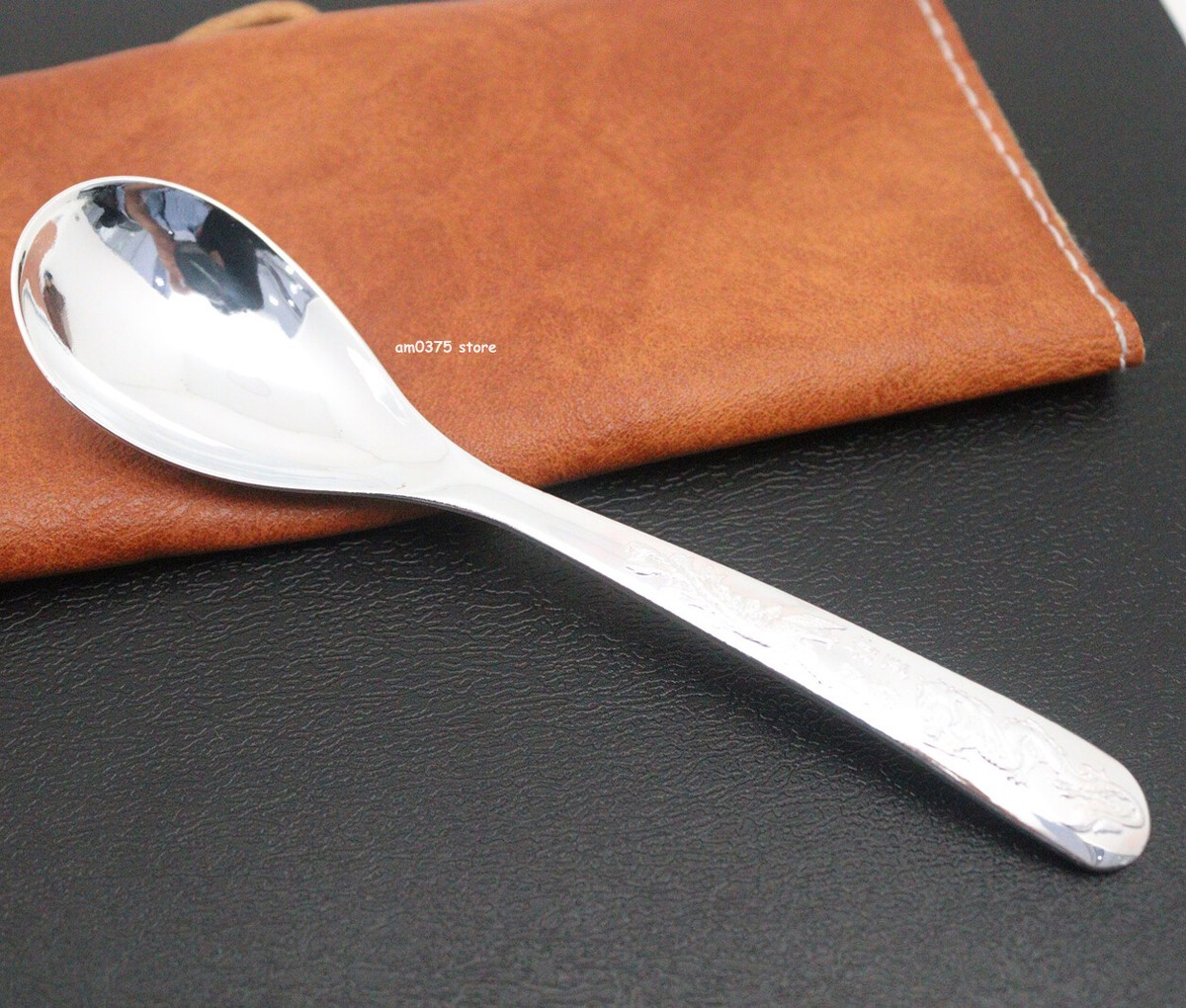 Pure 999 Fine Silver Spoon Healthy Dinnerware Round Dragon Phoenix