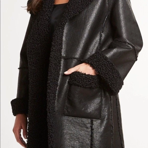 Elie Tahari Women Black Open-Front Faux-Shearling Sherpa-Trim Coat Jacket M - Image 3 of 4