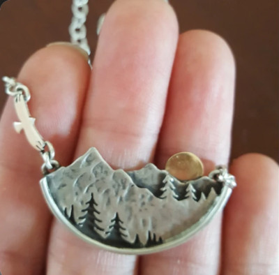 MOUNTAIN TREE MOON SUN LANDSCAPE pendant 22'' 925 Sterling Silver plate Necklace 