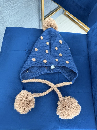Blue/Beige Knit Baby Bonnet Hat Polka Dot Pom-Pom Ear Flap One Size