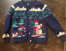 Vintage Charter Club 100 Wool Christmas Cardigan Sweater Snowman Hand Knit