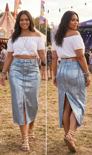 Simply Be Silver Metallic Midi Skirt UK 12 M Stretch Denim Festival Y2K NWT