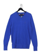 Tommy Hilfiger Men's Jumper L Blue Cotton with Cashmere V-Neck Pullover