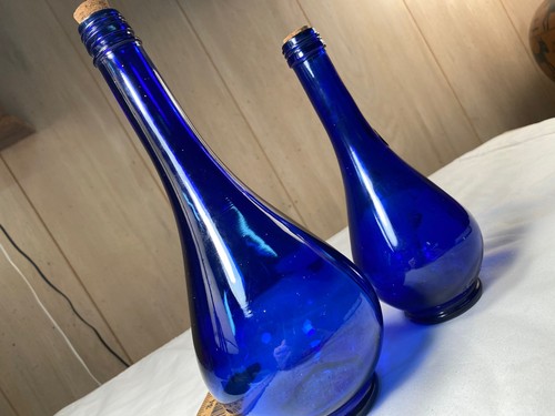 2 Authentic teardrop cobalt blue glass bottles 11”Acqua Della Madonna Italy J123 - Picture 13 of 24