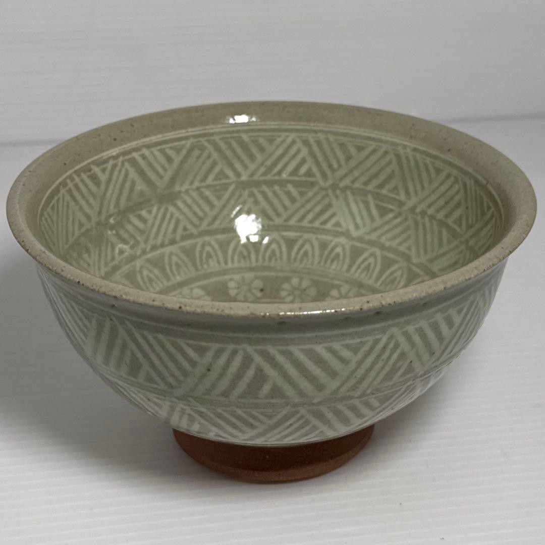 Akogama Mishima Tea Bowl Japanese Tea Ceremony Pottery Green Near Mint