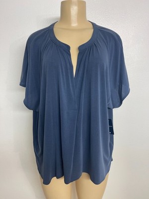 Lucky Brand Woman New Short Sleeve Slit Front Sandwash Top XL Blue Night Shadow