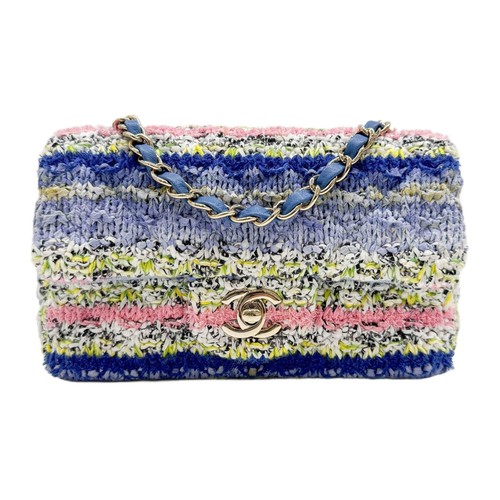 CHANEL Mini Classic Flap 2021 Blue Multicolor Cotton Chain Shoulder Bag