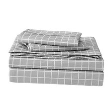 Microfiber Flannel Sheet Set -Luxury Printed 4 Piece Bedding Queen Grey Grid