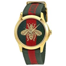GUCCI $1250 MENS GOLD GREEN RED MERVEILLES BEE DIAL STRAP SWISS WATCH YA126487