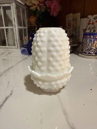 Vintage Fenton White Milk Glass Hobnail 5" Fairy Lamp Light Two-Piece