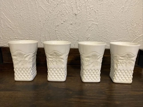 Set of Four Vintage MCM Indiana Pineapple and Floral White Milk Glass Tumbler 4"