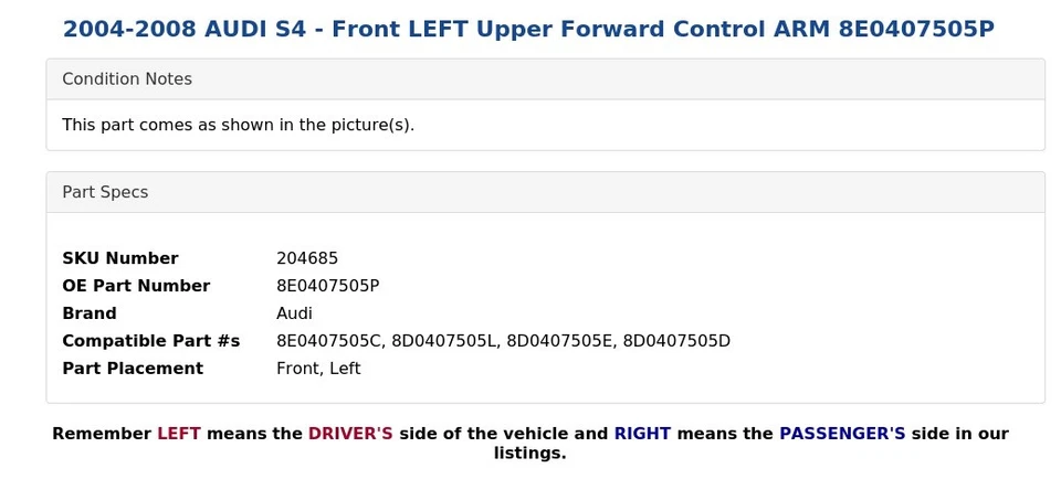 AUDI S4 2004-2008 - BRAZO DE CONTROL DELANTERO IZQUIERDO SUPERIOR DELANTERO 8E0407505P Foto 3 de 4