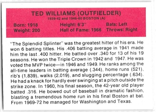 TED WILLIAMS BOSTON RED SOX 1989 HYGRADE BASEBALL CARD - Picture 2 of 2